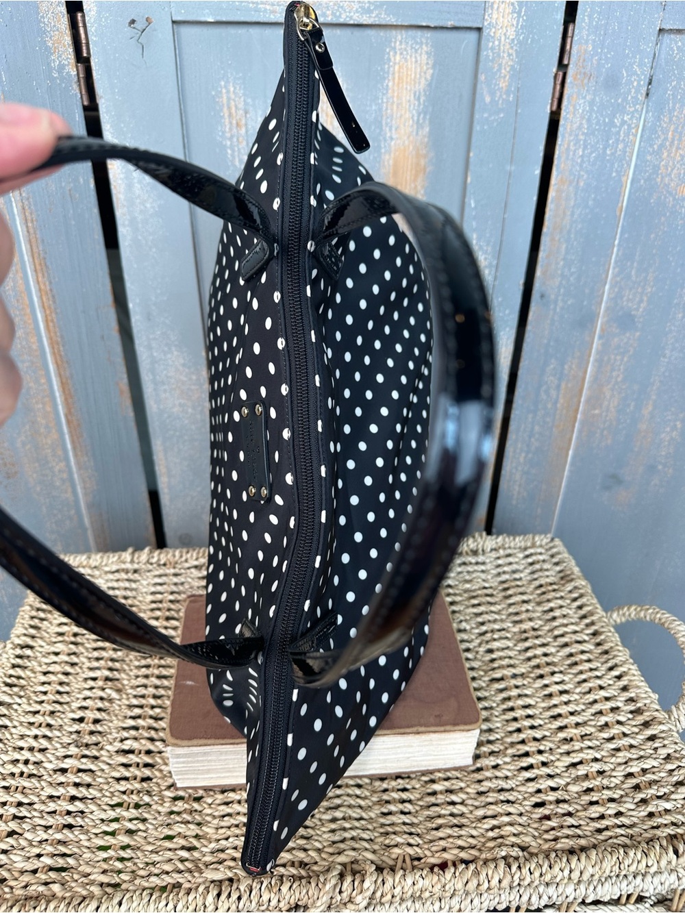 Kate Spade Sophie Polka Dot Nylon Patent Tote Black White - Picture 8 of 16